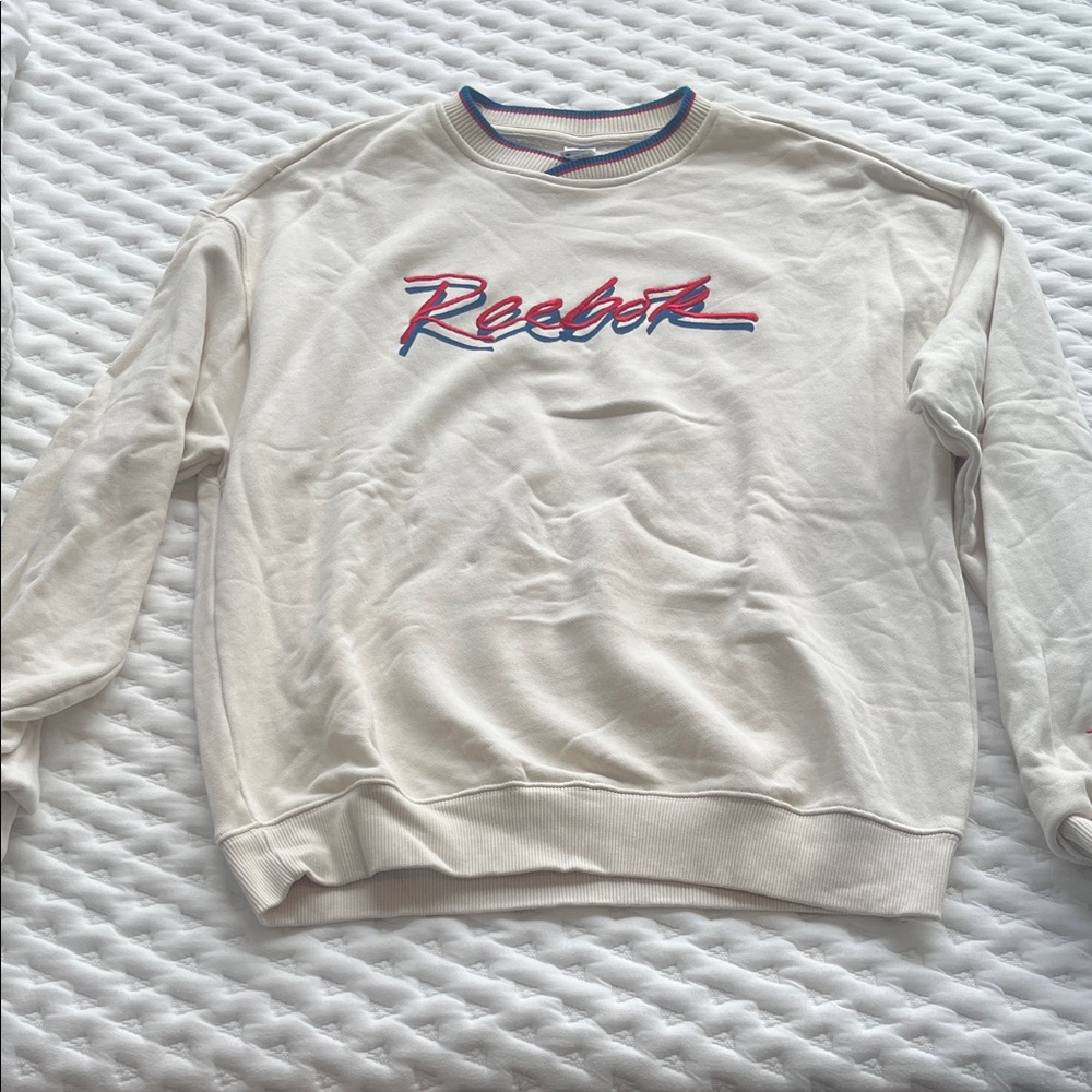 Reebok Cream Crewneck Sweater with Red and Blue Accents